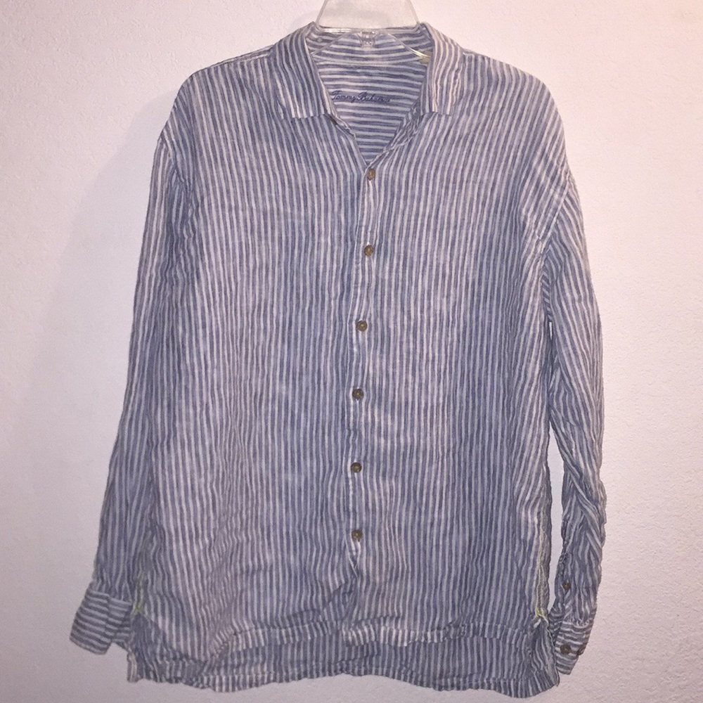 Tommy Bahama Blue and White Striped Linen Button